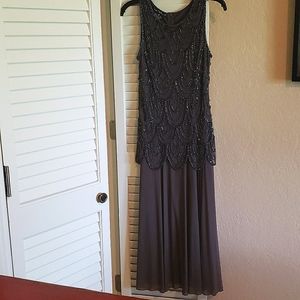 Pisarro Nights Slate Gray Embellished Beaded Maxi Dress